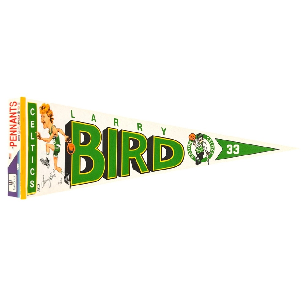 Vintage Larry Bird Boston Celtics NBA 90s Pennant Caricature Green Basketball